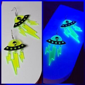 UFO Alien Neon Yellow Glow Blacklight Dangle Earrings Rave Party Festival Retro